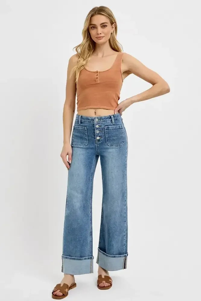 RISEN High Rise Ankle Wide Button Patch Pocket Cuffed Jeans