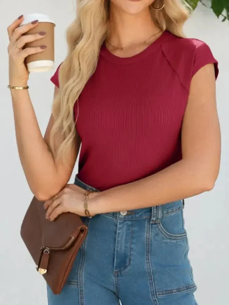 Round Neck Cap Sleeve T-Shirt - Update AvenueT-ShirtsTrendsi10010002227178610010002227178638446a55 - 8b93 - 4a90 - 85be - c9ac0cffbbe1 - Max - OriginBurgundy