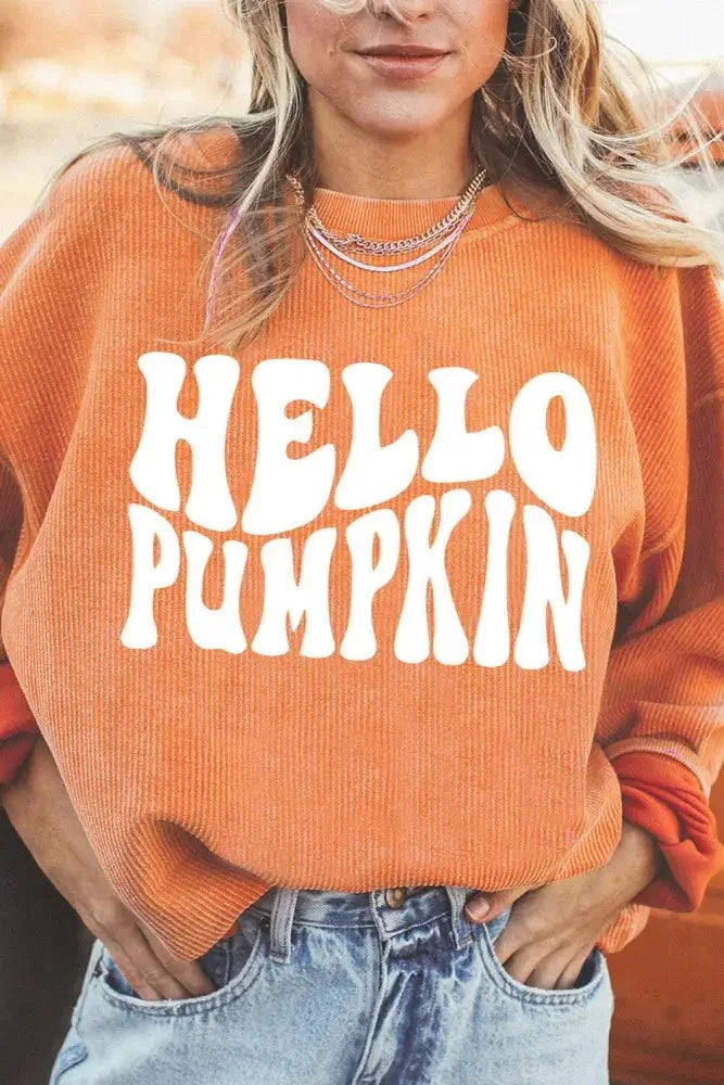 Round Neck Dropped Shoulder HELLO PUMPKIN Graphic Sweatshirt - Update AvenueHalloweenTrendsi100101311303028100101311303028caef9469d8684d36b70124f586e6b6f9 - MaxCaramel