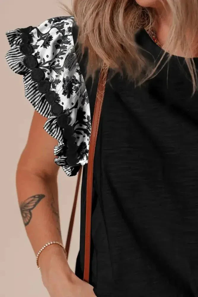 Round Neck Printed Ruffled Cap Sleeve Blouse - Update AvenueBoho VibesTrendsi100100779031023100100779031023d85c92d0 - 9b3c - 44d7 - 855f - 9d2a295a1b62 - MaxBlack