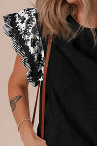 Round Neck Printed Ruffled Cap Sleeve Blouse - Update AvenueBoho VibesTrendsi100100779031023100100779031023d85c92d0 - 9b3c - 44d7 - 855f - 9d2a295a1b62 - MaxBlack