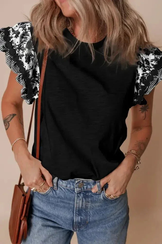 Round Neck Printed Ruffled Cap Sleeve Blouse - Update AvenueBoho VibesTrendsi1001007790310231001007790310233cd72b4c - 3261 - 4d9c - 8aed - de831a51a6ee - MaxBlack