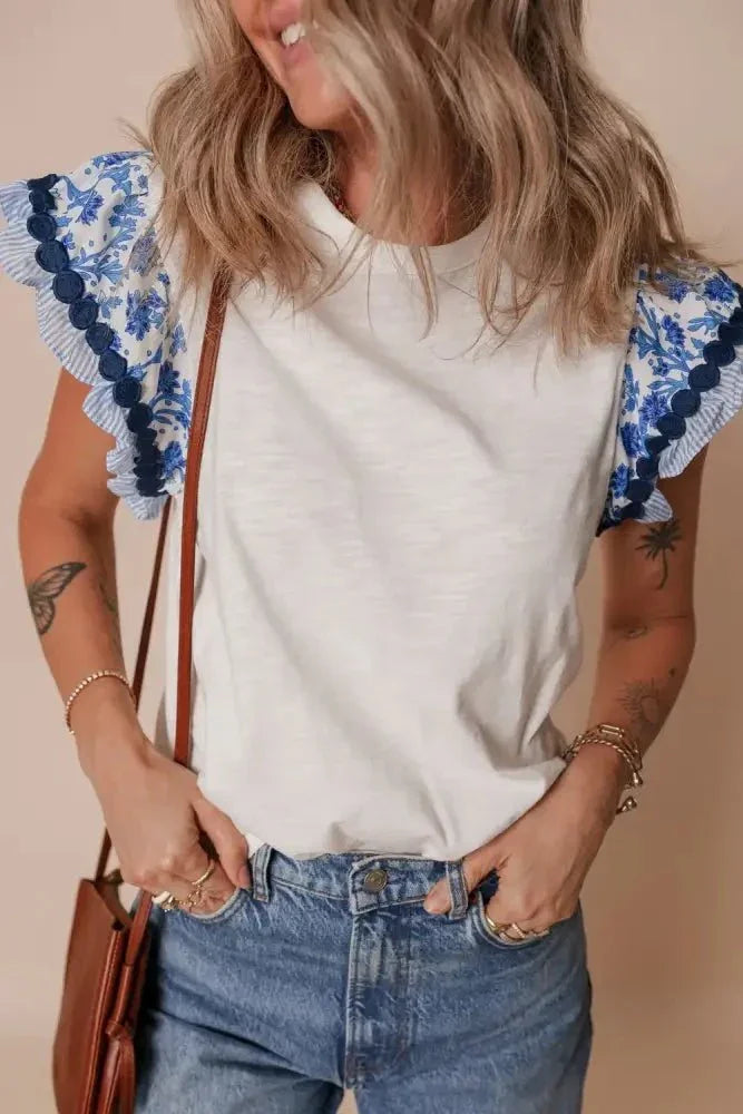 Round Neck Printed Ruffled Cap Sleeve Blouse - Update AvenueBoho VibesTrendsi10010077903520810010077903520863c1093b - 29d7 - 4619 - a8c1 - 1304d194d95f - MaxWhite