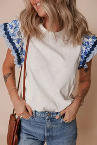 Round Neck Printed Ruffled Cap Sleeve Blouse - Update AvenueBoho VibesTrendsi10010077903520810010077903520863c1093b - 29d7 - 4619 - a8c1 - 1304d194d95f - MaxWhite