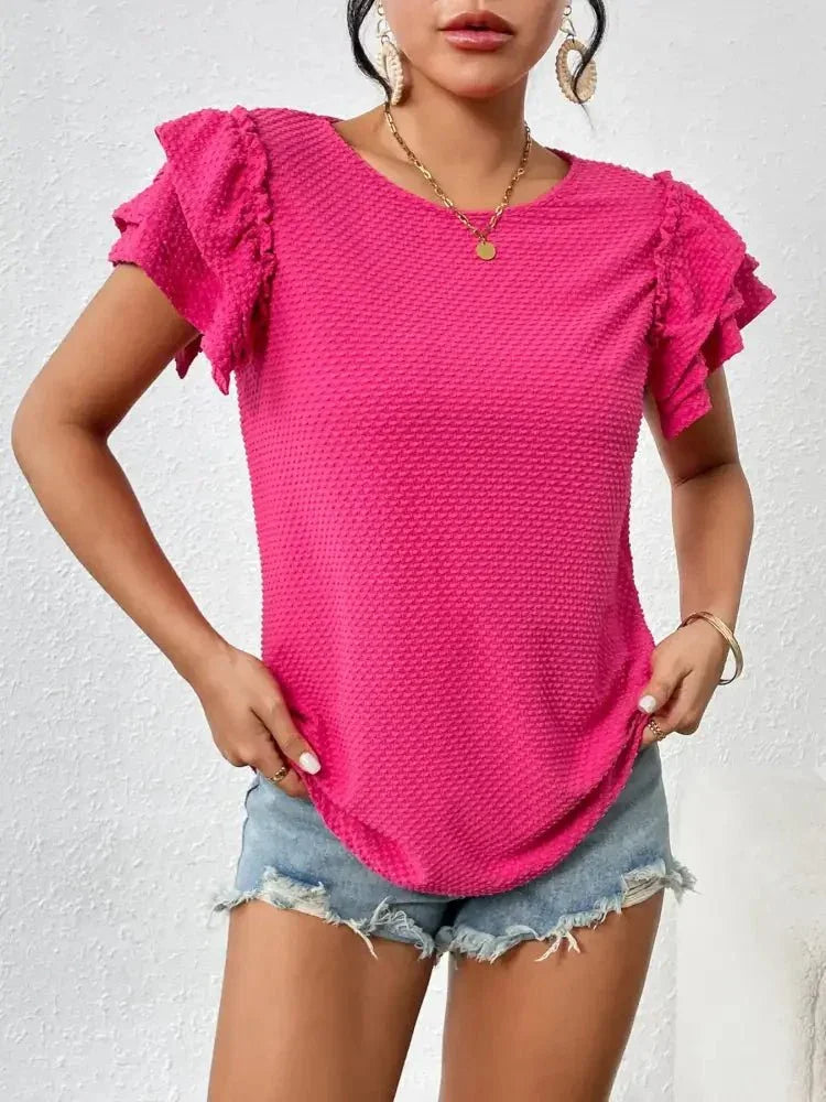 Round Neck Ruffle Sleeve T-Shirt - Update AvenueT-ShirtsTrendsi100100132118003100100132118003a51995c6f69942e9b8d954081beddcde - Max - OriginHot Pink