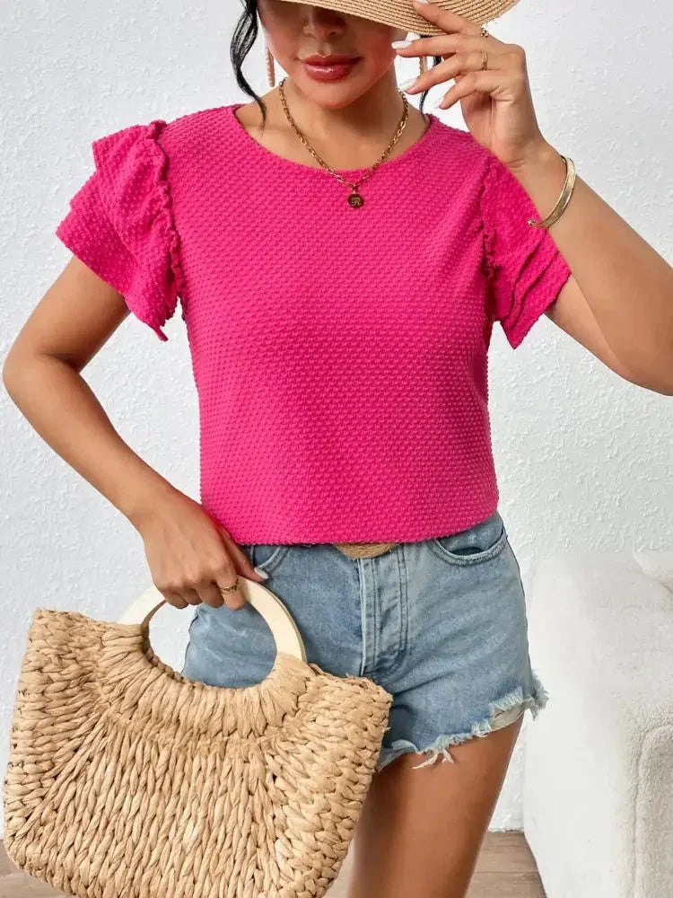 Round Neck Ruffle Sleeve T-Shirt - Update AvenueT-ShirtsTrendsi100100132118003100100132118003e03aa3c6b2c149479f70ca757ca98c79 - Max - OriginHot Pink