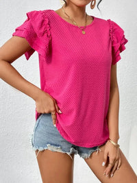 Round Neck Ruffle Sleeve T-Shirt - Update AvenueT-ShirtsTrendsi1001001321180031001001321180031644c314401a444c98df3a283f7ab716 - Max - OriginHot Pink