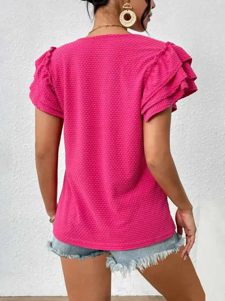 Round Neck Ruffle Sleeve T-Shirt - Update AvenueT-ShirtsTrendsi100100132118003100100132118003324eb2ceefa646eeb3c68fa193b1288e - Max - OriginHot Pink