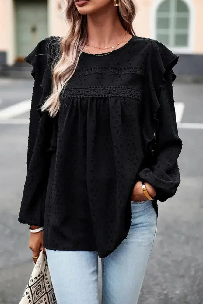 Round Neck Ruffled Blouse - Update AvenueTrendsi1001011259639641001011259639641b45fb31b1b648019891394d6a0d4980 - MaxBlack