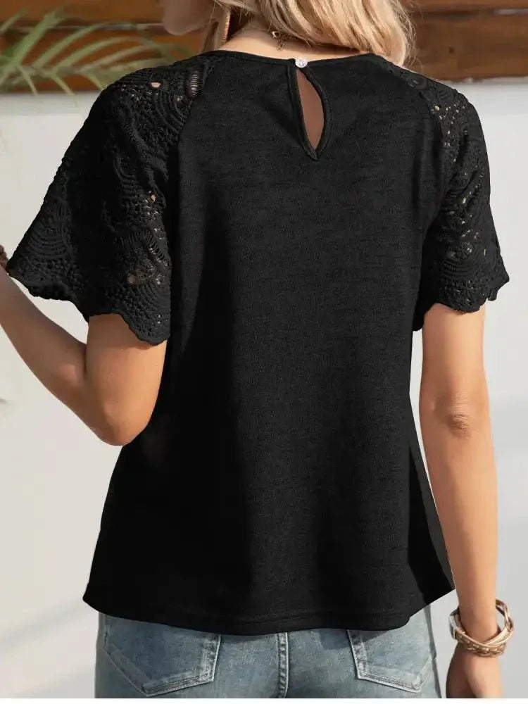 Round Neck Short Sleeve Crochet Top - Update AvenueT-ShirtsTrendsi1001009040194281001009040194286d0968b9 - 7656 - 4be9 - a7e7 - 8a94e26b43f4 - Max - OriginBlack