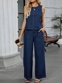 Round Neck Tank and Pants Denim Set