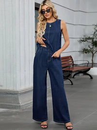 Round Neck Tank and Pants Denim Set