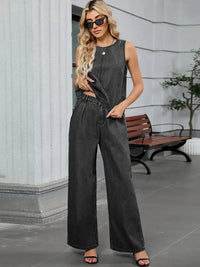 Round Neck Tank and Pants Denim Set