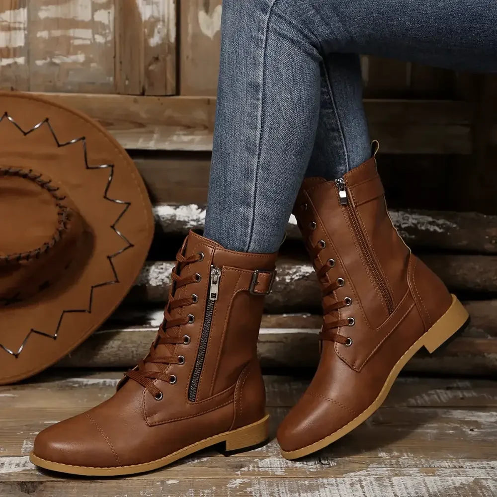 Round Toe Lace Up Block Heels Boots