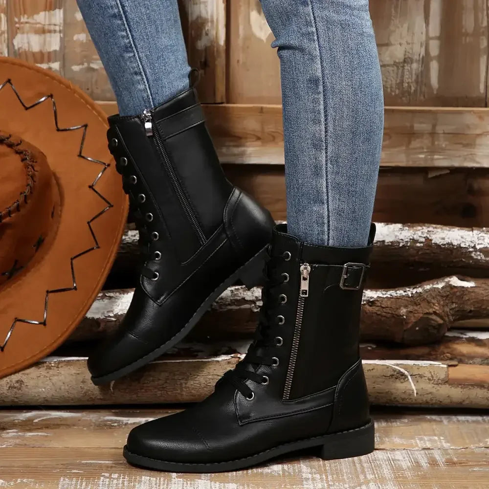 Round Toe Lace Up Block Heels Boots