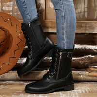 Round Toe Lace Up Block Heels Boots