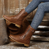 Round Toe Lace Up Block Heels Boots