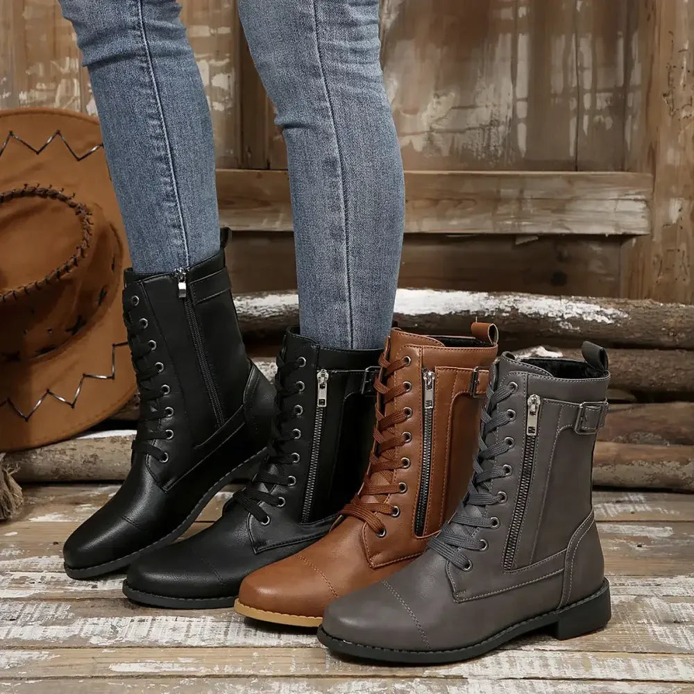 Round Toe Lace Up Block Heels Boots