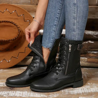 Round Toe Lace Up Block Heels Boots