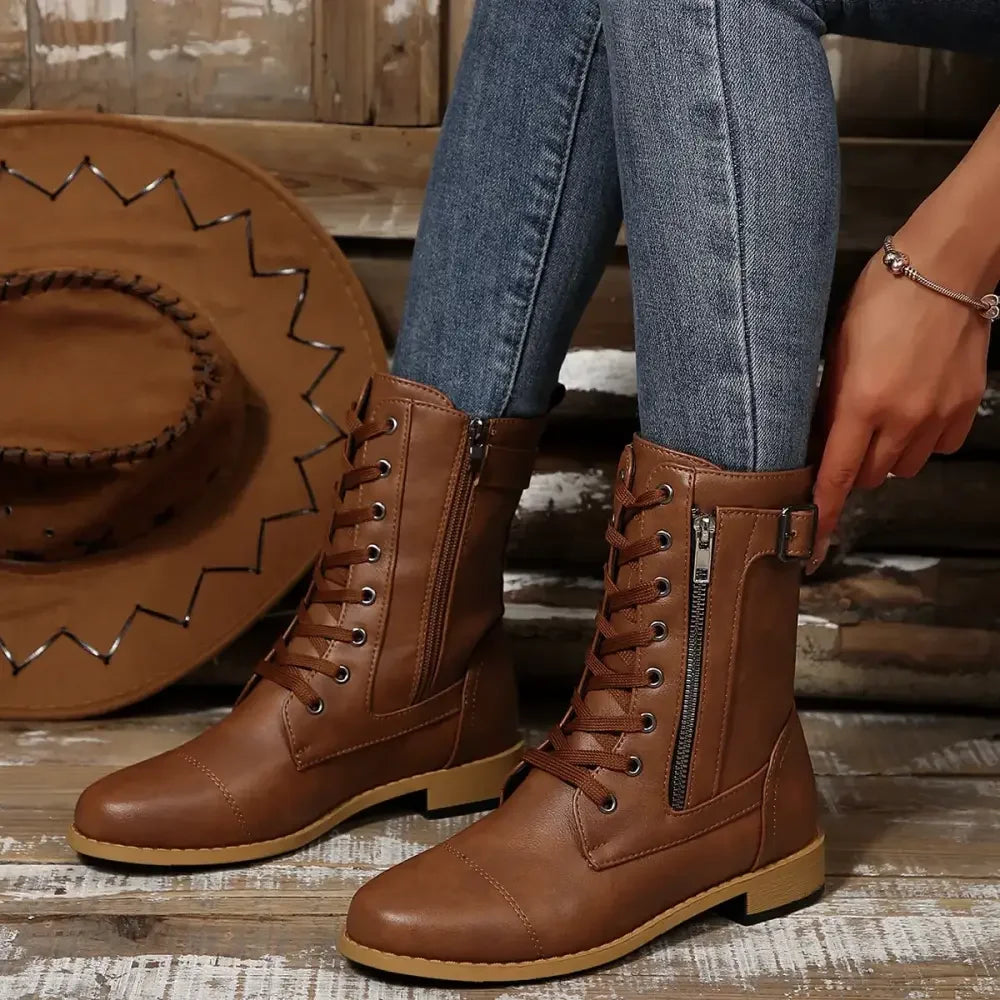 Round Toe Lace Up Block Heels Boots