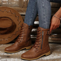 Round Toe Lace Up Block Heels Boots