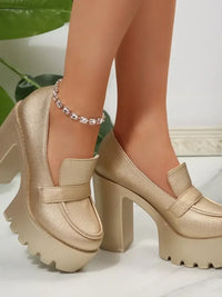 Round Toe Platform Block Heels Pumps