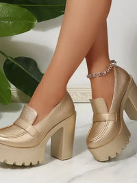 Round Toe Platform Block Heels Pumps