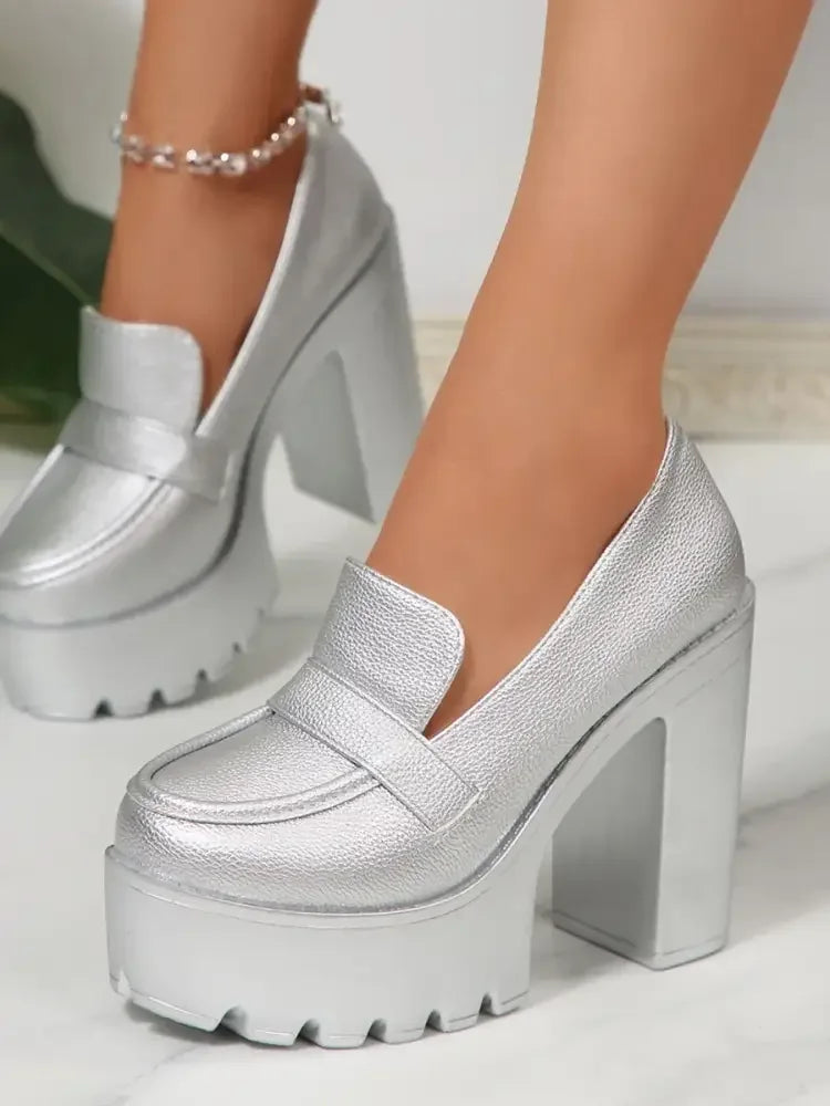 Round Toe Platform Block Heels Pumps