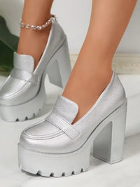 Round Toe Platform Block Heels Pumps