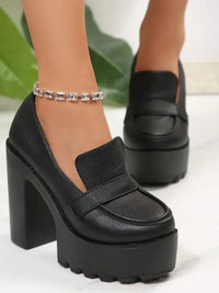 Round Toe Platform Block Heels Pumps