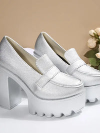 Round Toe Platform Block Heels Pumps