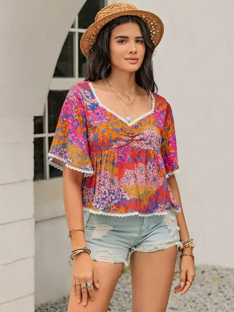 Ruched Printed Half Sleeve Blouse - Update AvenueBoho VibesTrendsi10010056270133910010056270133924d7babb - 280b - 41e3 - 9839 - c6e03078b385 - MaxStrawberry