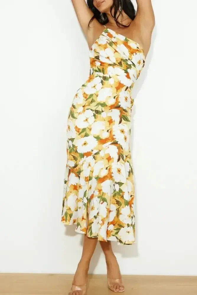 Ruched Printed Single Shoulder Midi Dress - Update AvenueFestival VibesTrendsi1001005312212761001005312212768695aff8 - ea1b - 4926 - 9845 - 526ceb1dc40c - MaxGold