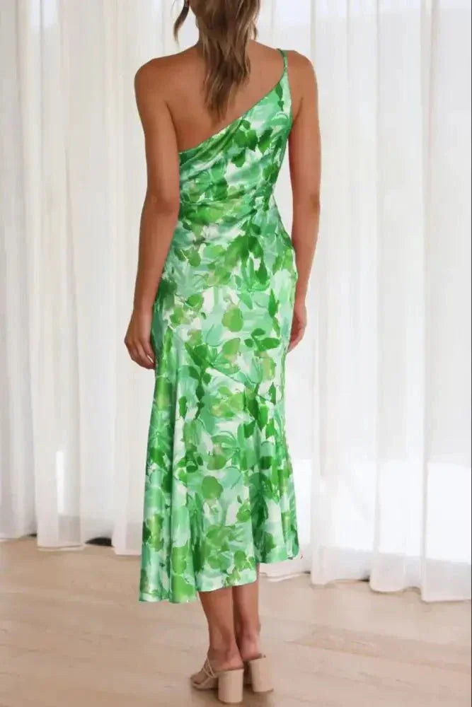 Ruched Printed Single Shoulder Midi Dress - Update AvenueVacation StyleTrendsi10010069662122810010069662122821127298 - ad9f - 4841 - 8d29 - 5a7eebc45ec5 - MaxGreen