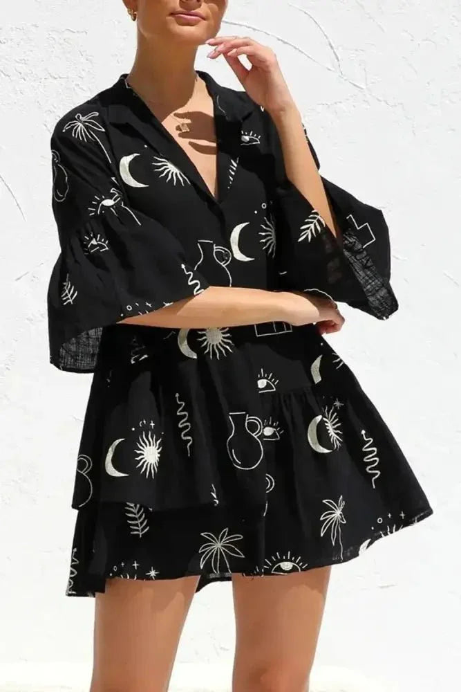 Ruched Printed Three - Quarter Sleeve Mini Dress - Update AvenueFestival VibesTrendsi100100605391458100100605391458ef9b7500 - 3968 - 42b6 - b372 - 5af47224ac87 - MaxBlack