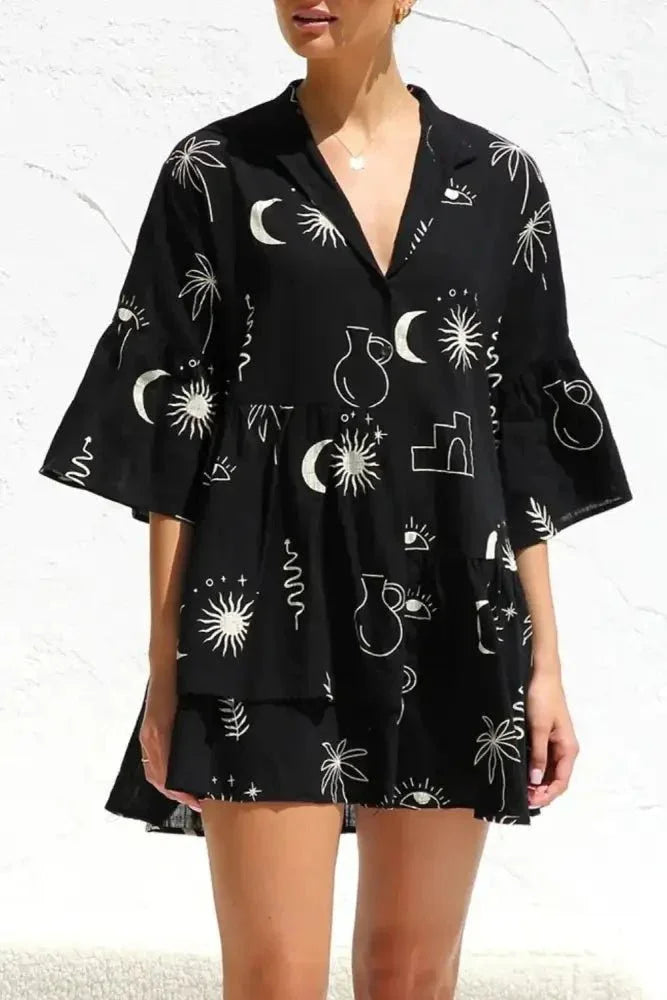 Ruched Printed Three - Quarter Sleeve Mini Dress - Update AvenueFestival VibesTrendsi100100605391458100100605391458d224aca4 - 7615 - 4fde - 9d7b - ea12eeb7b472 - MaxBlack