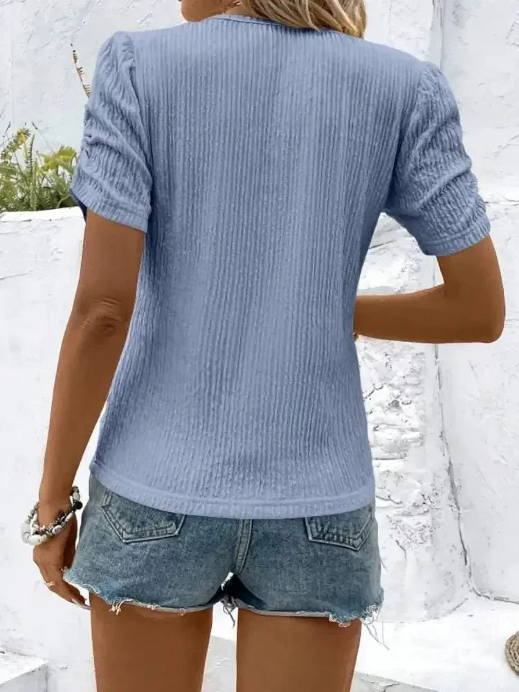 Ruched Round Neck Short Sleeve Top - Update AvenueT-ShirtsTrendsi10010030674104810010030674104884c30fa0 - d62f - 4537 - a8ff - 408886c811af - Max - OriginLight Blue