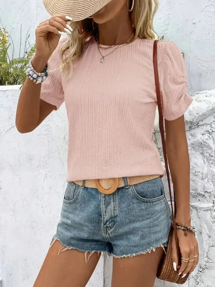 Ruched Round Neck Short Sleeve Top - Update AvenueT-ShirtsTrendsi10010030674118610010030674118648d6308c - eabd - 4a6c - 8c85 - 1574914ea500 - Max - OriginBlush Pink