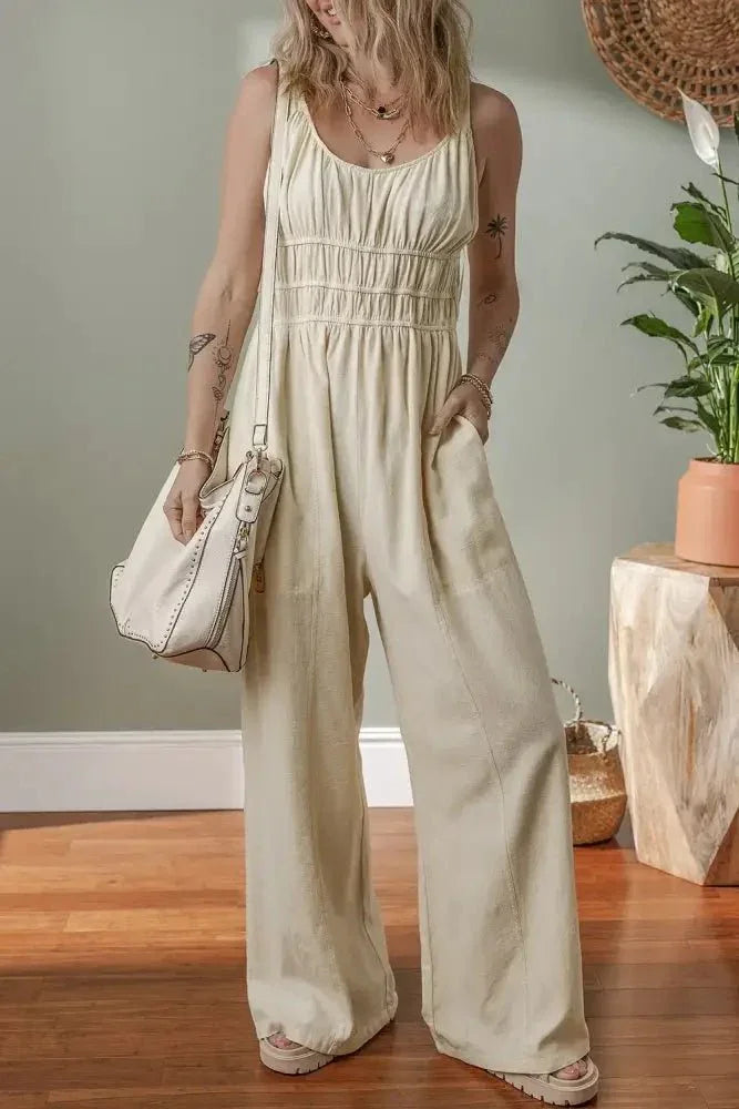 Ruched Sleeveless Wide Leg Jumpsuit - Update AvenueVacation StyleTrendsi10010026846034510010026846034531478d43 - 2225 - 4cb9 - 877a - 90444deac37f - MaxBeige