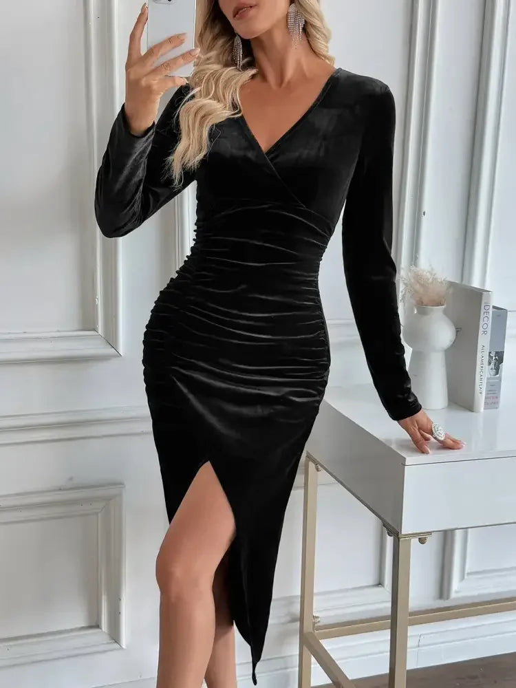 Ruched Surplice Long Sleeve Dress