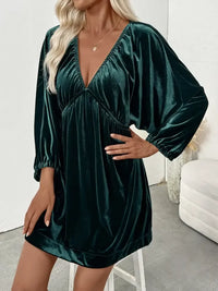 Ruched V-Neck Balloon Sleeve Dress