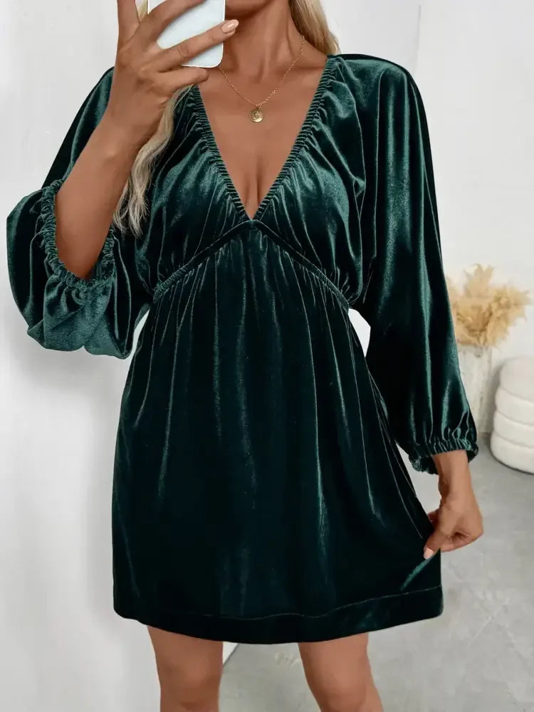 Ruched V-Neck Balloon Sleeve Dress