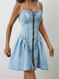 Ruched Zip Up Spaghetti Strap Denim Dress - Update AvenueDenim Dresses & SkirtsTrendsi1001004139703521001004139703529208d097 - bf0f - 4d06 - 93e2 - aa44f924680a - MaxLight Blue