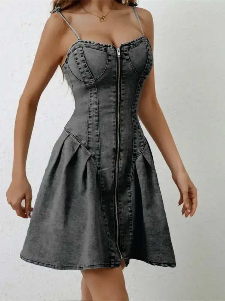 Ruched Zip Up Spaghetti Strap Denim Dress - Update AvenueDenim Dresses & SkirtsTrendsi1001004139716941001004139716948fb79969 - ff5a - 4c80 - 89eb - 506a049097ad - MaxBlack