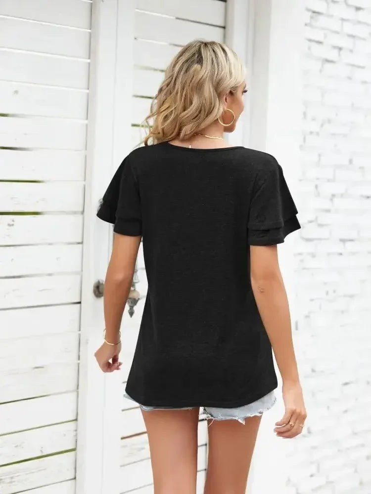 Ruffle Sleeve Keyhole Tie Neck T-Shirt - Update AvenueT-ShirtsTrendsi10010072844624110010072844624187316a95872d4906a3a2956fc3dbbad5 - Max - OriginBlack