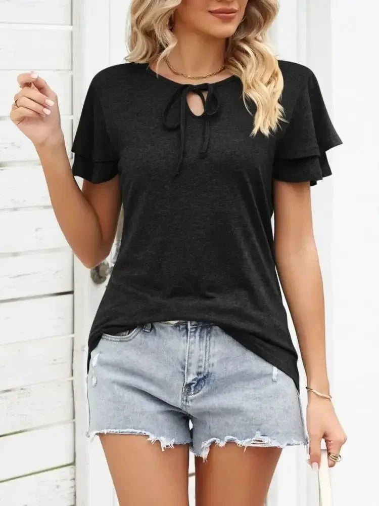 Ruffle Sleeve Keyhole Tie Neck T-Shirt - Update AvenueT-ShirtsTrendsi10010072844624110010072844624175bb7f24 - 62a6 - 470e - a60f - 51e4c03c8064 - Max - OriginBlack