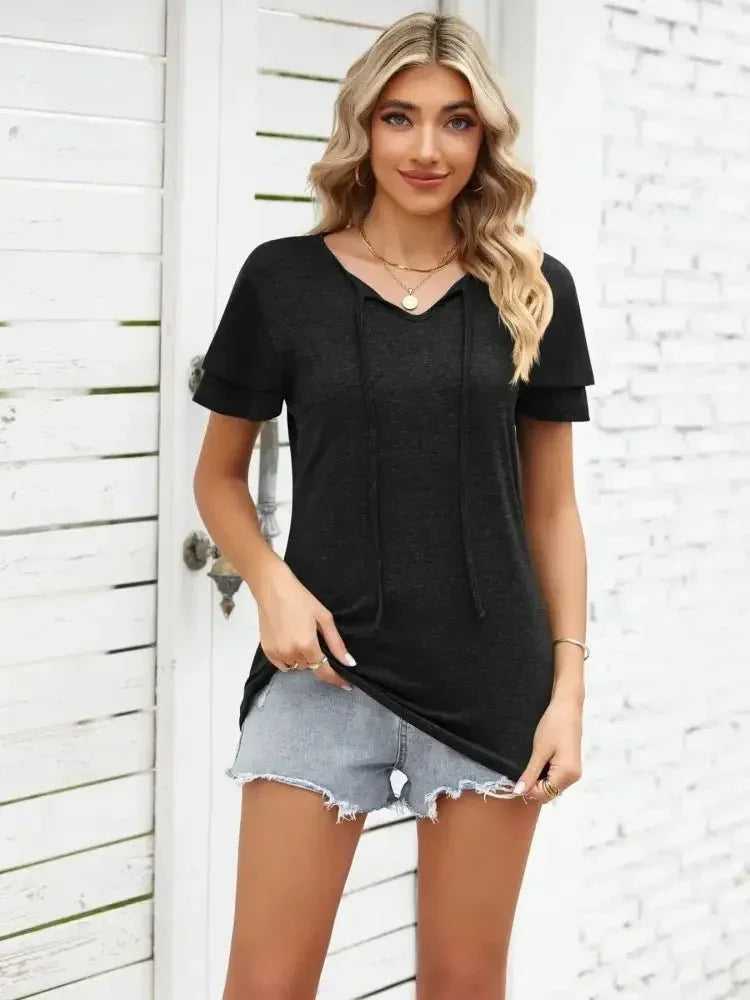 Ruffle Sleeve Keyhole Tie Neck T-Shirt - Update AvenueT-ShirtsTrendsi1001007284462411001007284462411ac26c03a564407fb0c6148f5eb3c6c2 - Max - OriginBlack