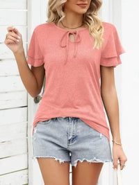 Ruffle Sleeve Keyhole Tie Neck T-Shirt - Update AvenueT-ShirtsTrendsi1001007284496601001007284496604adca611 - 5101 - 40e0 - 9422 - 96ed1cf00e7f - Max - OriginPink
