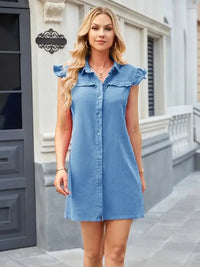 Ruffled Button Up Cap Sleeve Denim Dress - Update AvenueDenim Dresses & SkirtsTrendsi100100174021001100100174021001f283190e - fdfe - 4650 - 84f1 - 7803fa194b87 - MaxDusty Blue