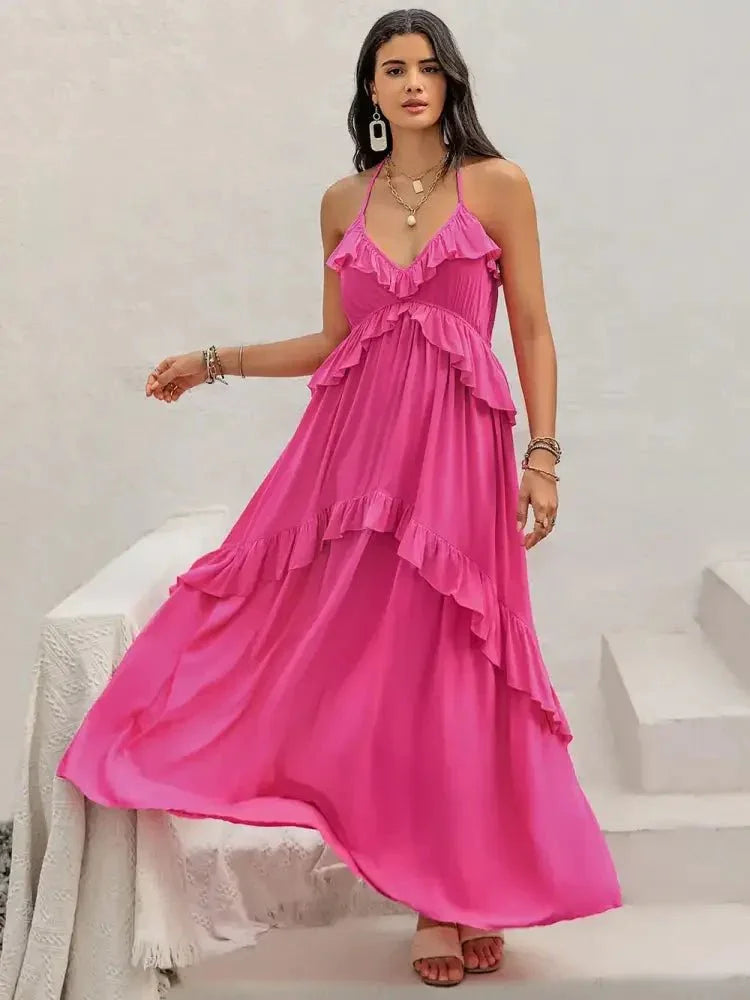 Ruffled Halter Neck Maxi Dress - Update AvenueBoho VibesTrendsi100100575691273100100575691273a8073b62 - 223e - 49c5 - 9ad0 - 8d012214a0f8 - MaxHot Pink